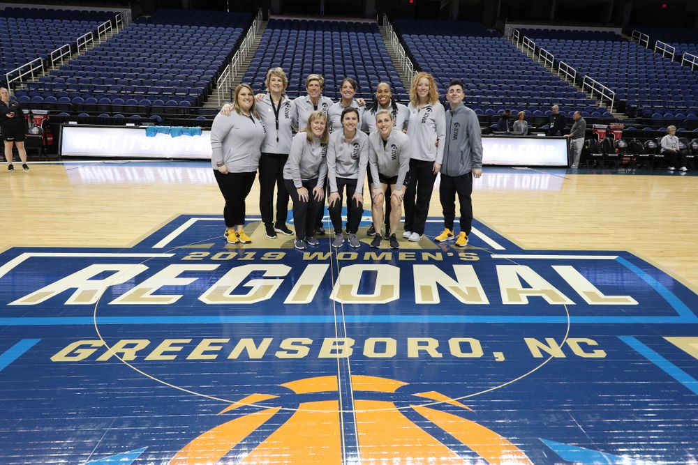 The Iowa Hawkeye coach staff during media and practice as they prepare for their Sweet 16 matchup against NC State Friday, March 29, 2019 at the Greensboro Coliseum in Greensboro, NC.(Brian Ray/hawkeyesports.com)