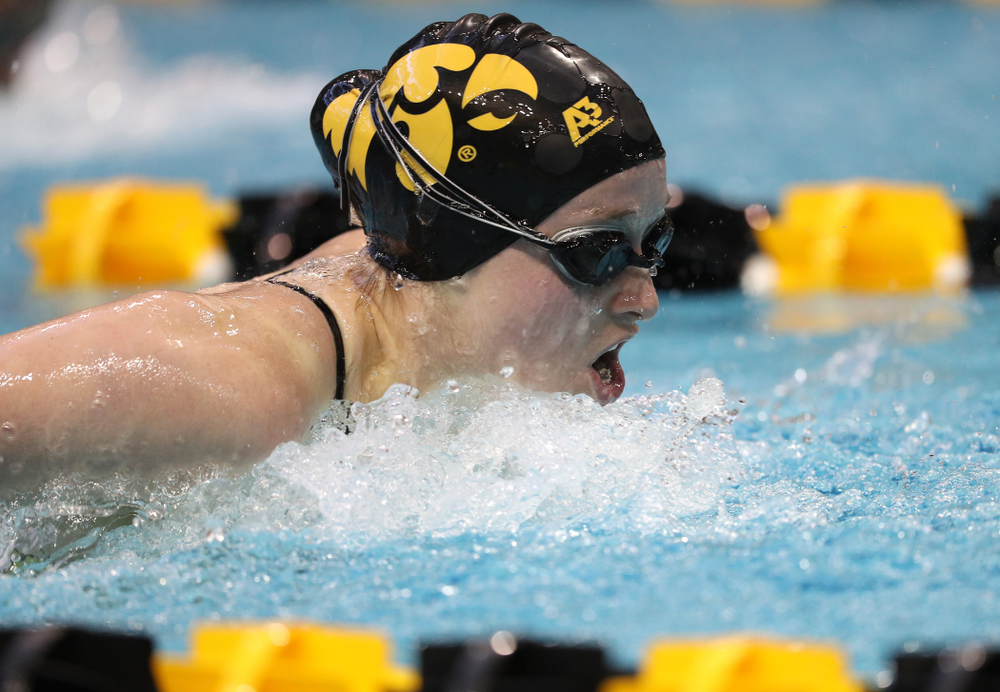 Iowa's Kelsey Drake swims the 200 yard butterfly during a double dual against Wisconsin and Northwestern Saturday, January 19, 2019 at the Campus Recreation and Wellness Center. (Brian Ray/hawkeyesports.com)