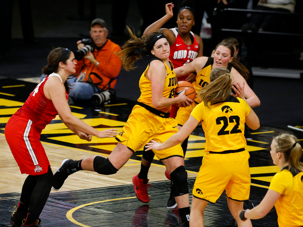 Iowa Hawkeyes forward Megan Gustafson (10) pulls down a rebound during a game against the Ohio State Buckeyes at Carver-Hawkeye Arena on January 25, 2018. (Tork Mason/hawkeyesports.com)