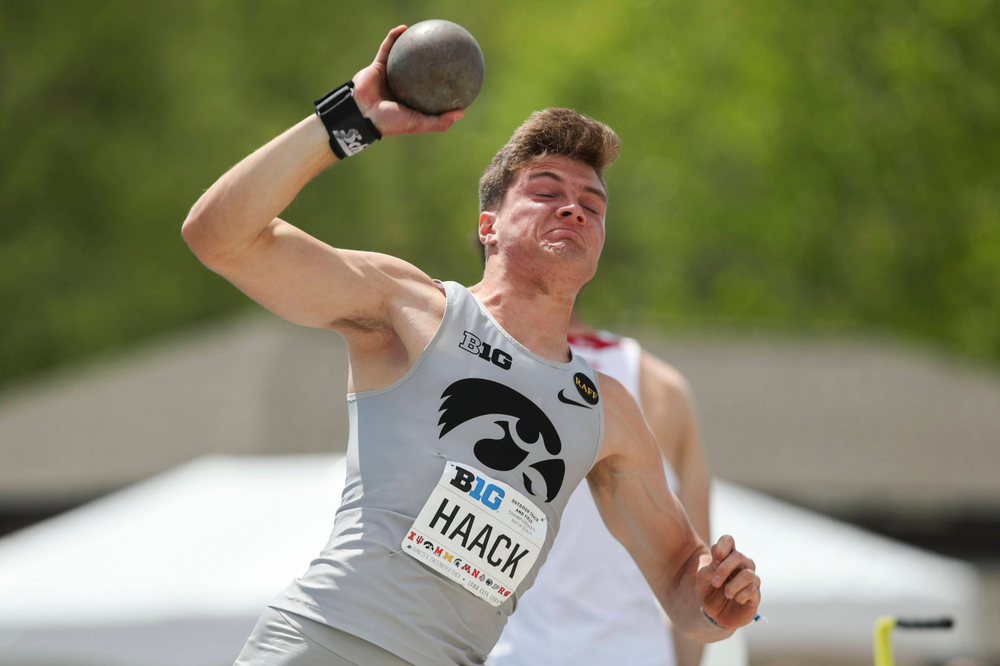 Iowa's Peyton Haack during the men's shot put at the Big Ten Outdoor Track and Field Championships at Francis X. Cretzmeyer Track on Friday, May 10, 2019. (Lily Smith/hawkeyesports.com)