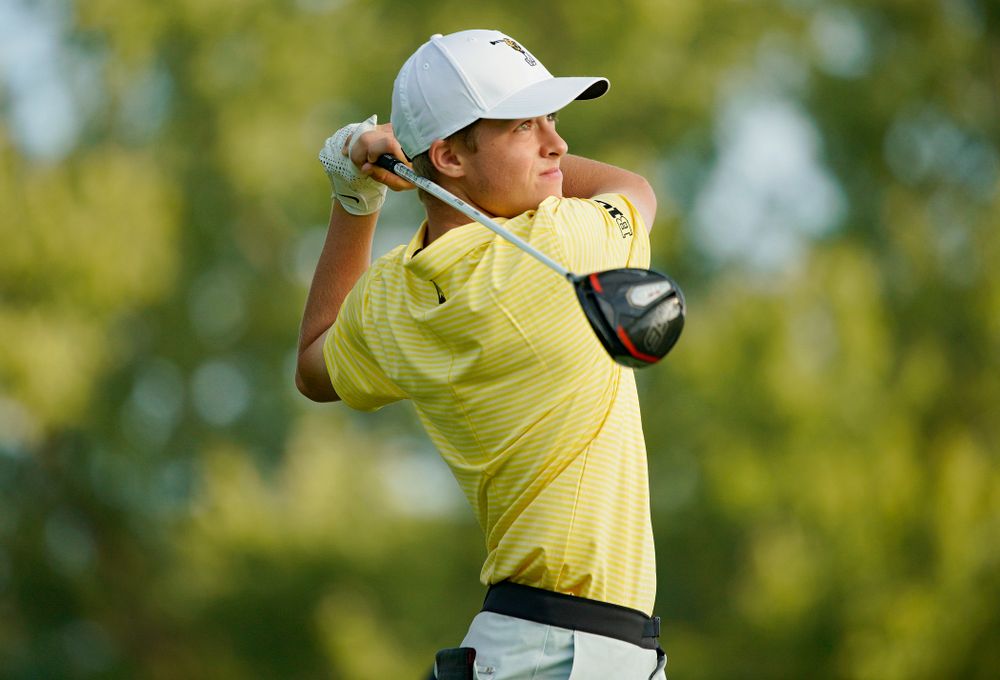 Iowa’s Matthew Garside tees off during the third day of the Golfweek Conference Challenge at the Cedar Rapids Country Club in Cedar Rapids on Tuesday, Sep 17, 2019. (Stephen Mally/hawkeyesports.com)