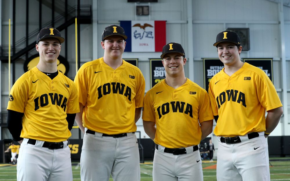 Iowa Hawkeyes Jack Dreyer, Peyton Williams, Andrew Nord, and Jackson Vines, who all played at Johnston High School, stand together during their annual media day Thursday, February 6, 2020 at the Indoor Practice Facility. (Brian Ray/hawkeyesports.com)