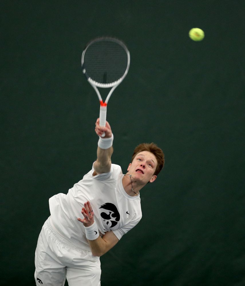 Iowa’s Jason Kerst against Cornell Sunday, March 8, 2020 at the Hawkeye Tennis and Recreation Center. (Brian Ray/hawkeyesports.com)