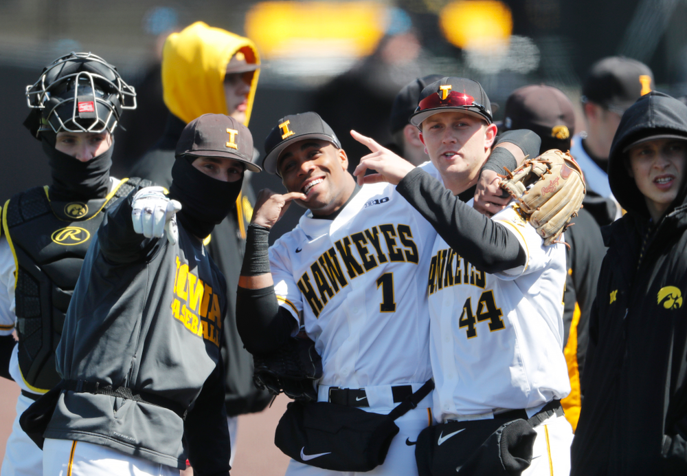 Iowa Hawkeyes infielder Chris Whelan (28), third baseman Lorenzo Elion (1), and outfielder Robert Neustrom (44) against the Ohio State Buckeyes Saturday, April 7, 2018 at Duane Banks Field. (Brian Ray/hawkeyesports.com)