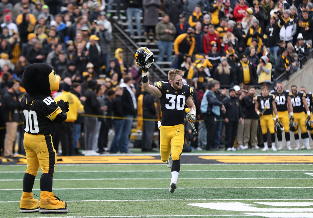 Iowa Hawkeyes defensive back Jake Gervase (30) during senior day activities before their game against the Nebraska Cornhuskers Friday, November 23, 2018 at Kinnick Stadium. (Brian Ray/hawkeyesports.com)