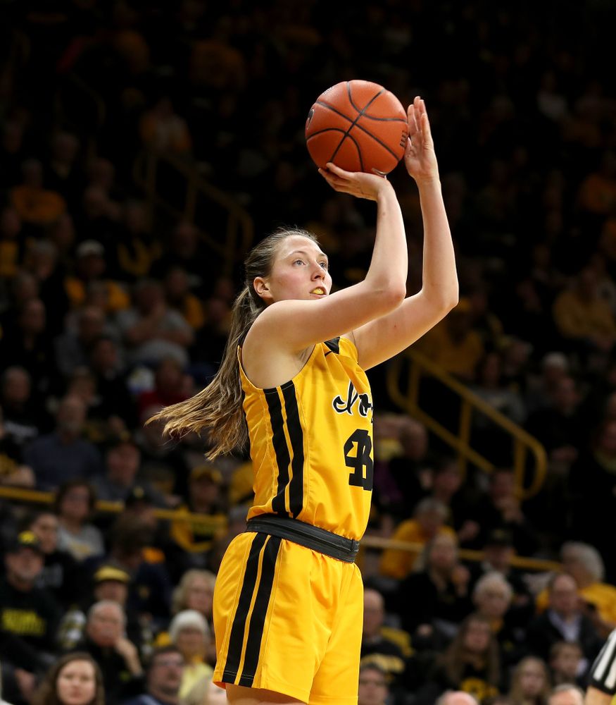 Iowa Hawkeyes forward Amanda Ollinger (43) against the Minnesota Golden Gophers Thursday, February 27, 2020 at Carver-Hawkeye Arena. (Brian Ray/hawkeyesports.com)