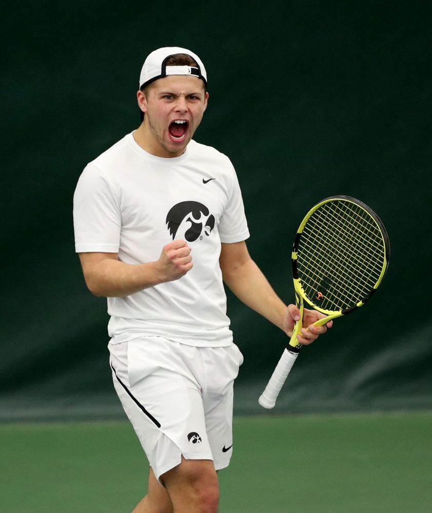 Iowa’s Will Davies against Cornell Sunday, March 8, 2020 at the Hawkeye Tennis and Recreation Center. (Brian Ray/hawkeyesports.com)