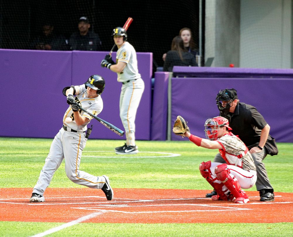 Iowa Hawkeyes outfielder Ben Norman (9) bats during the sixth inning of their CambriaCollegeClassic game at U.S. Bank Stadium in Minneapolis, Minn. on Friday, February 28, 2020. (Stephen Mally/hawkeyesports.com)