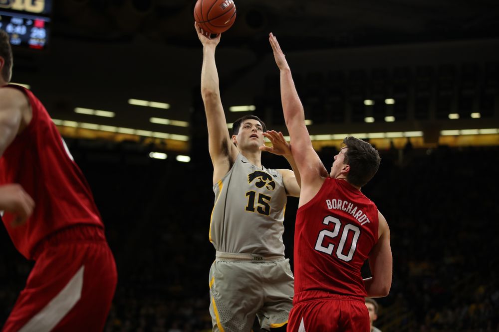 Iowa Hawkeyes forward Ryan Kriener (15) against the Nebraska Cornhuskers Sunday, January 6, 2019 at Carver-Hawkeye Arena. (Brian Ray/hawkeyesports.com)