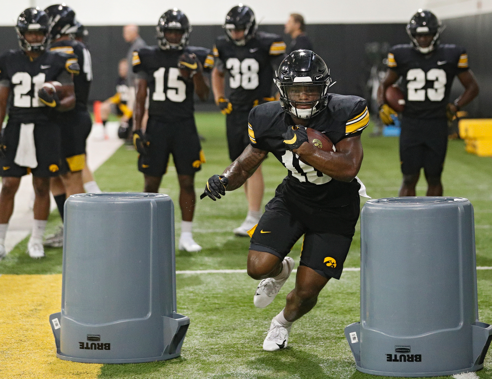 Iowa Hawkeyes running back Mekhi Sargent (10) runs a drill during Fall Camp Practice No. 9 at the Hansen Football Performance Center in Iowa City on Monday, Aug 12, 2019. (Stephen Mally/hawkeyesports.com)