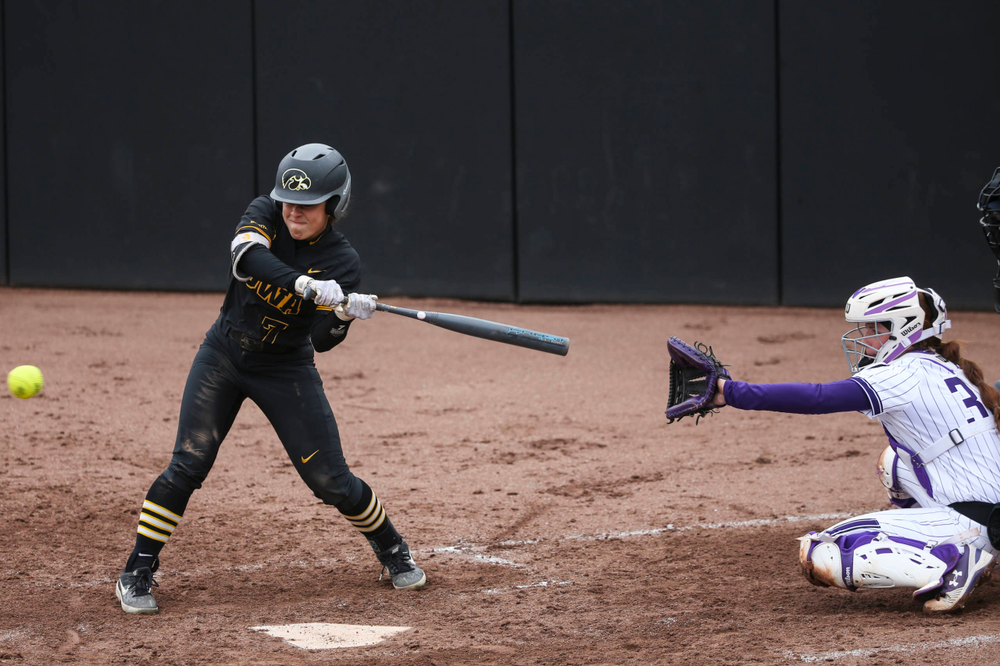 Iowa outfielder Lea Thompson (7) at game 2 vs Northwestern on Saturday, March 30, 2019 at Bob Pearl Field. (Lily Smith/hawkeyesports.com)