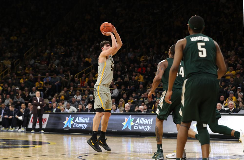Iowa Hawkeyes forward Luka Garza (55) against the Michigan State Spartans Thursday, January 24, 2019 at Carver-Hawkeye Arena. (Brian Ray/hawkeyesports.com)