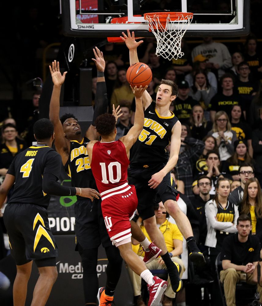 Iowa Hawkeyes forward Nicholas Baer (51) blocks a shot against the Indiana Hoosiers Friday, February 22, 2019 at Carver-Hawkeye Arena. (Brian Ray/hawkeyesports.com)