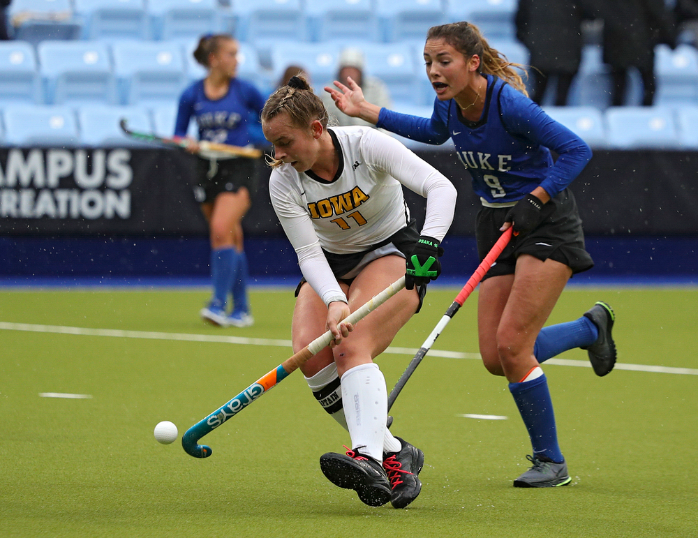Iowa’s Katie Birch (11) moves with the ball during the second quarter of their NCAA Tournament First Round match against Duke at Karen Shelton Stadium in Chapel Hill, N.C. on Friday, Nov 15, 2019. (Stephen Mally/hawkeyesports.com)