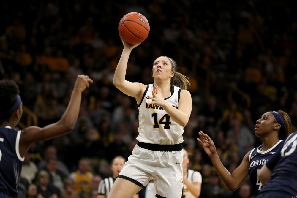 Iowa Hawkeyes forward McKenna Warnock (14) against Penn State Saturday, February 22, 2020 at Carver-Hawkeye Arena. (Brian Ray/hawkeyesports.com)