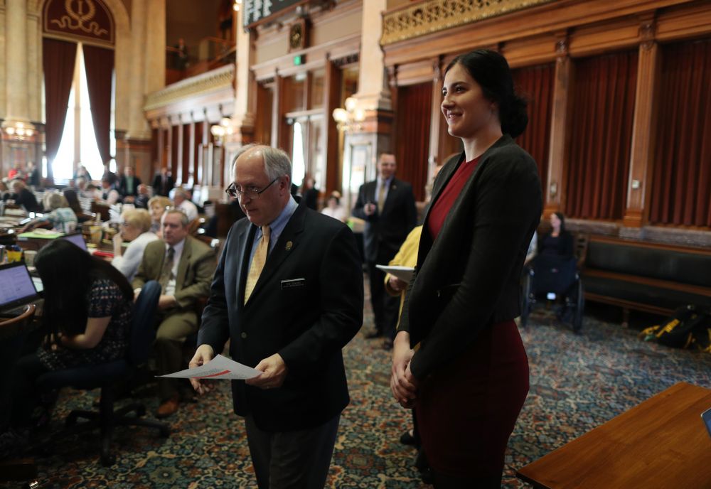 Iowa WomenÕs BasketballÕs Megan Gustafson is recognized with a resolution by the house and the senate at the Iowa State Capitol Wednesday, April 24, 2019 in Des Moines. (Brian Ray/hawkeyesports.com)