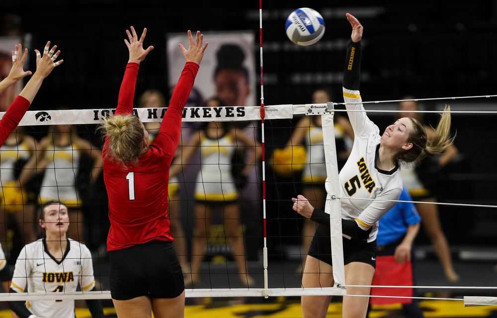 Iowa Hawkeyes outside hitter Meghan Buzzerio (5) spikes the ball during a match against Nebraska at Carver-Hawkeye Arena on November 7, 2018. (Tork Mason/hawkeyesports.com)