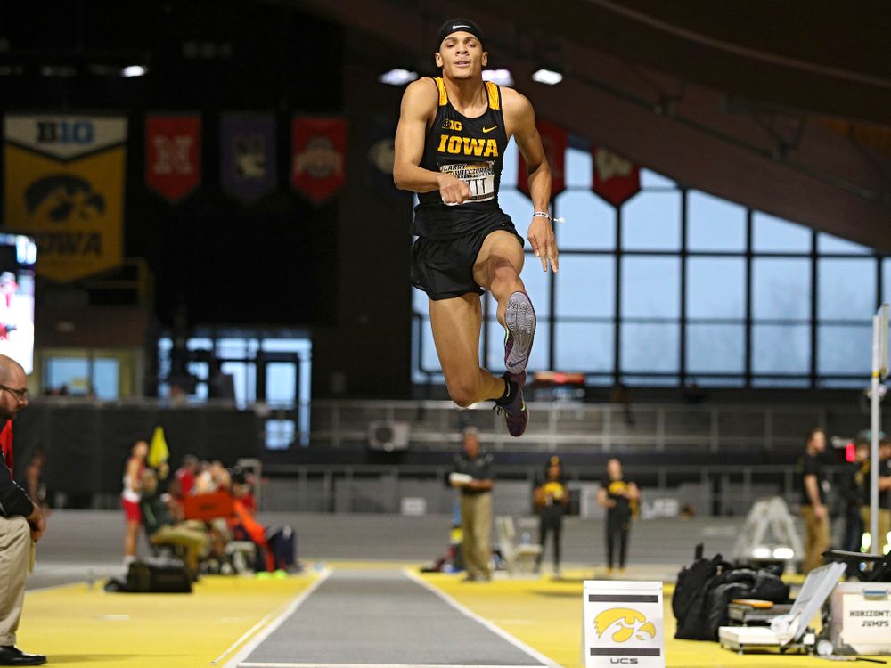 Iowa’s Jamal Britt competes in the men’s long jump event during the Larry Wieczorek Invitational at the Recreation Building in Iowa City on Friday, January 17, 2020. (Stephen Mally/hawkeyesports.com)