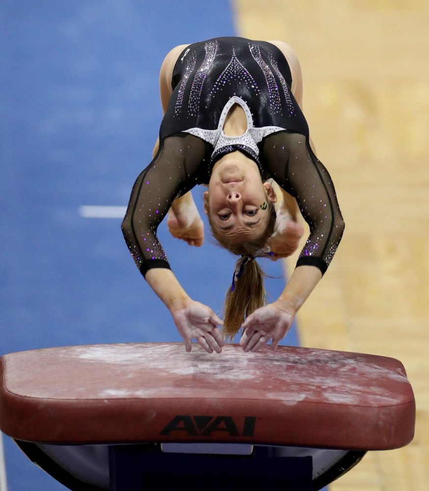 Iowa’s Alex Greenwald competes on the vault against Michigan State Saturday, February 1, 2020 at Carver-Hawkeye Arena. (Brian Ray/hawkeyesports.com)