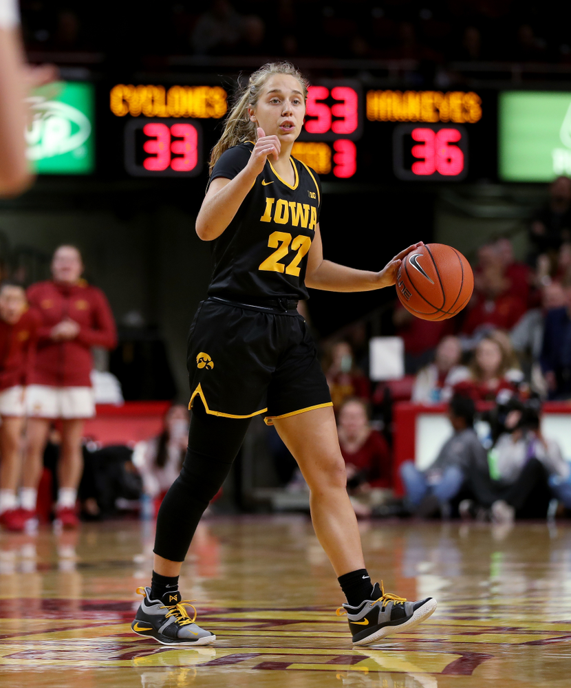 Iowa Hawkeyes guard Kathleen Doyle (22) against the Iowa State Cyclones Wednesday, December 11, 2019 at Hilton Coliseum in Ames, Iowa(Brian Ray/hawkeyesports.com)