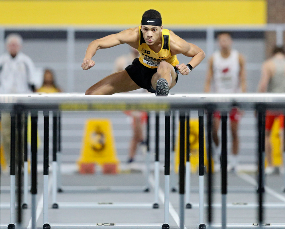 Iowa’s Jamal Britt runs the men’s 60 meter hurdles premier preliminary event during the Larry Wieczorek Invitational at the Recreation Building in Iowa City on Saturday, January 18, 2020. (Stephen Mally/hawkeyesports.com)