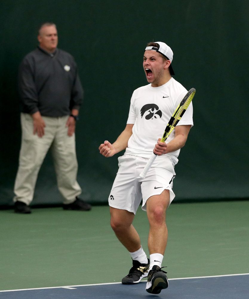 Iowa’s Will Davies against Cornell Sunday, March 8, 2020 at the Hawkeye Tennis and Recreation Center. (Brian Ray/hawkeyesports.com)