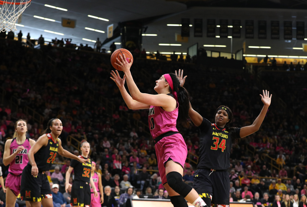 Iowa Hawkeyes forward Megan Gustafson (10) against the seventh ranked Maryland Terrapins Sunday, February 17, 2019 at Carver-Hawkeye Arena. (Brian Ray/hawkeyesports.com)