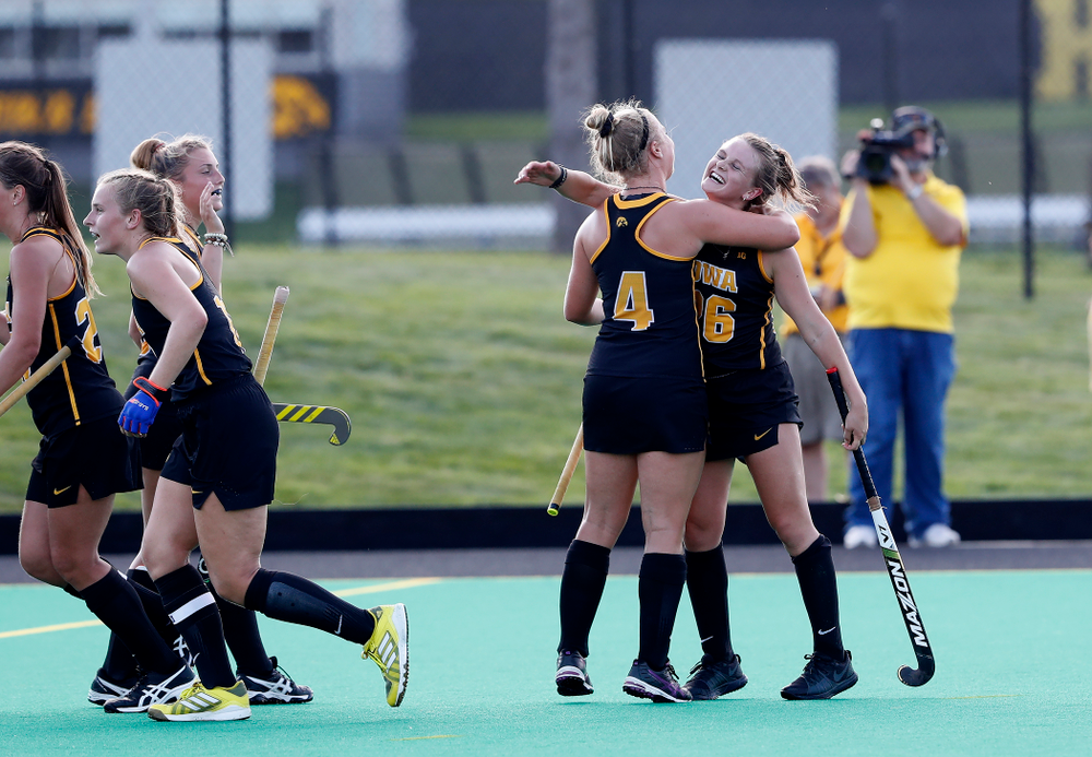 Iowa Hawkeyes Maddy Murphy (26) celebrates with Makenna Grewe (4) after scoring against the Penn Quakers Friday, September 14, 2018 at Grant Field. (Brian Ray/hawkeyesports.com)