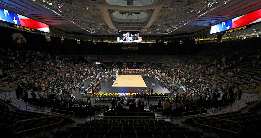 Iowa’s Emma Lowes (6) sings the National Anthem before their Big Ten/Pac-12 Challenge match against Colorado at Carver-Hawkeye Arena in Iowa City on Friday, Sep 6, 2019. (Stephen Mally/hawkeyesports.com)