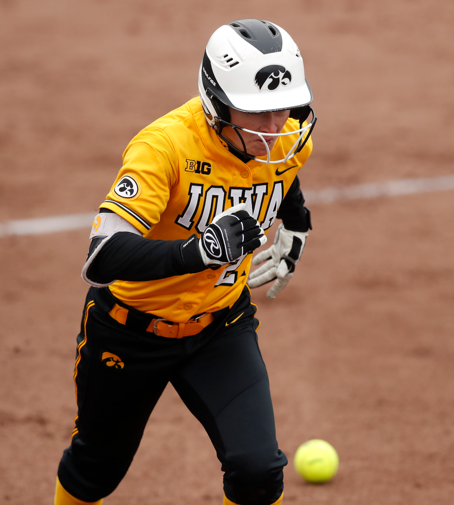 Iowa Hawkeyes outfielder Cheyenne Pratt (27) against UW Green Bay Tuesday, March 27, 2018 at Bob Pearl Field. (Brian Ray/hawkeyesports.com)
