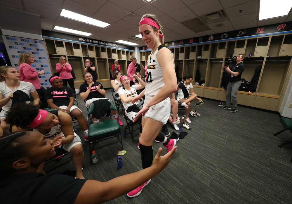 Iowa Hawkeyes forward Hannah Stewart (21) against the Rutgers Scarlet Knights in the semi-finals of the Big Ten Tournament Saturday, March 9, 2019 at Bankers Life Fieldhouse in Indianapolis, Ind. (Brian Ray/hawkeyesports.com)