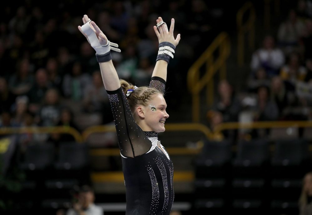Iowa’s Allyson Steffensmeier competes on the bars against Michigan State Saturday, February 1, 2020 at Carver-Hawkeye Arena. (Brian Ray/hawkeyesports.com)