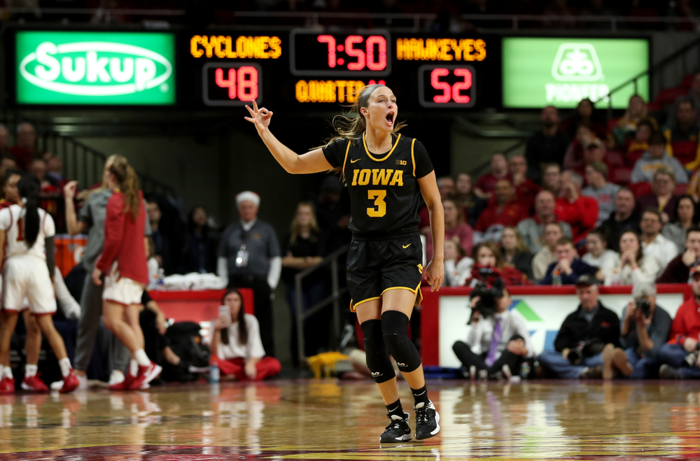 Iowa Hawkeyes guard Makenzie Meyer (3) celebrates a three point basket against the Iowa State Cyclones Wednesday, December 11, 2019 at Hilton Coliseum in Ames, Iowa(Brian Ray/hawkeyesports.com)