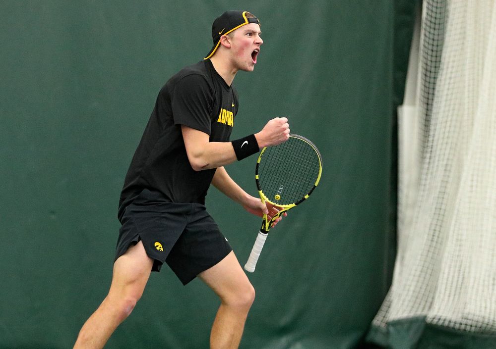 Iowa’s Joe Tyler celebrates a point during his singles match at the Hawkeye Tennis and Recreation Complex in Iowa City on Friday, February 14, 2020. (Stephen Mally/hawkeyesports.com)