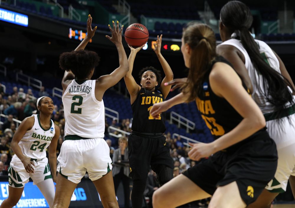 Iowa Hawkeyes guard Tania Davis (11) against the Baylor Lady Bears in the regional final of the 2019 NCAA Women's College Basketball Tournament Monday, April 1, 2019 at Greensboro Coliseum in Greensboro, NC.(Brian Ray/hawkeyesports.com)