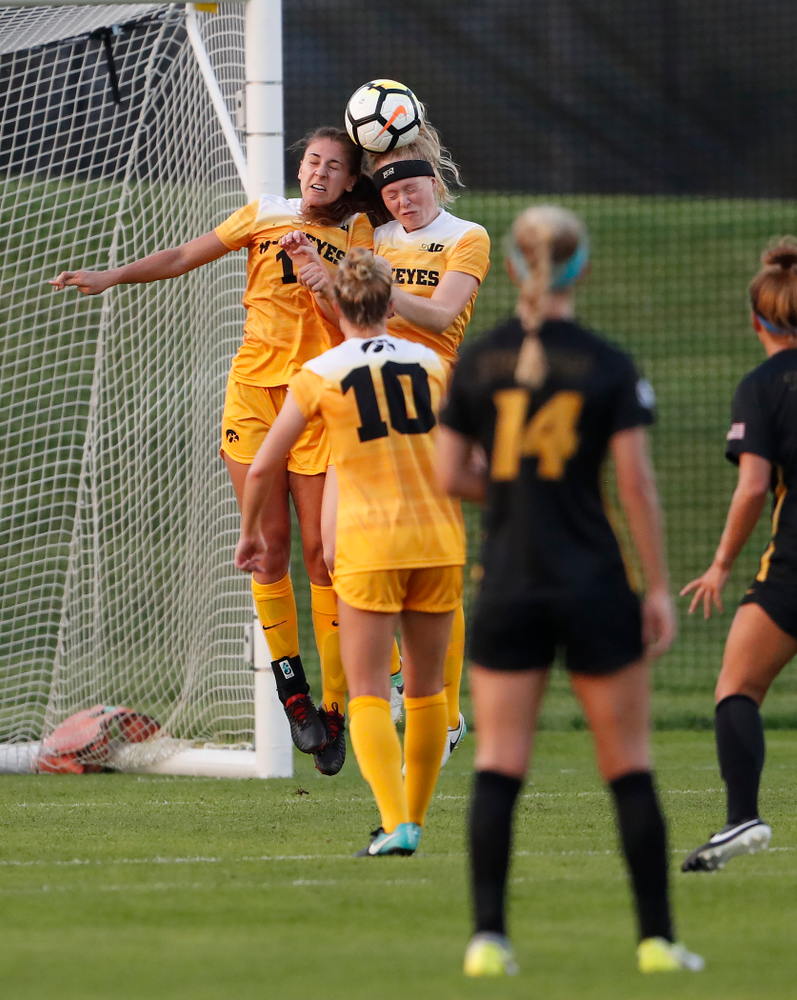 Iowa Hawkeyes Hannah Drkulec (17) and Morgan Kemmerling (3) against the Missouri Tigers Friday, August 17, 2018 at the Iowa Soccer Complex. (Brian Ray/hawkeyesports.com)