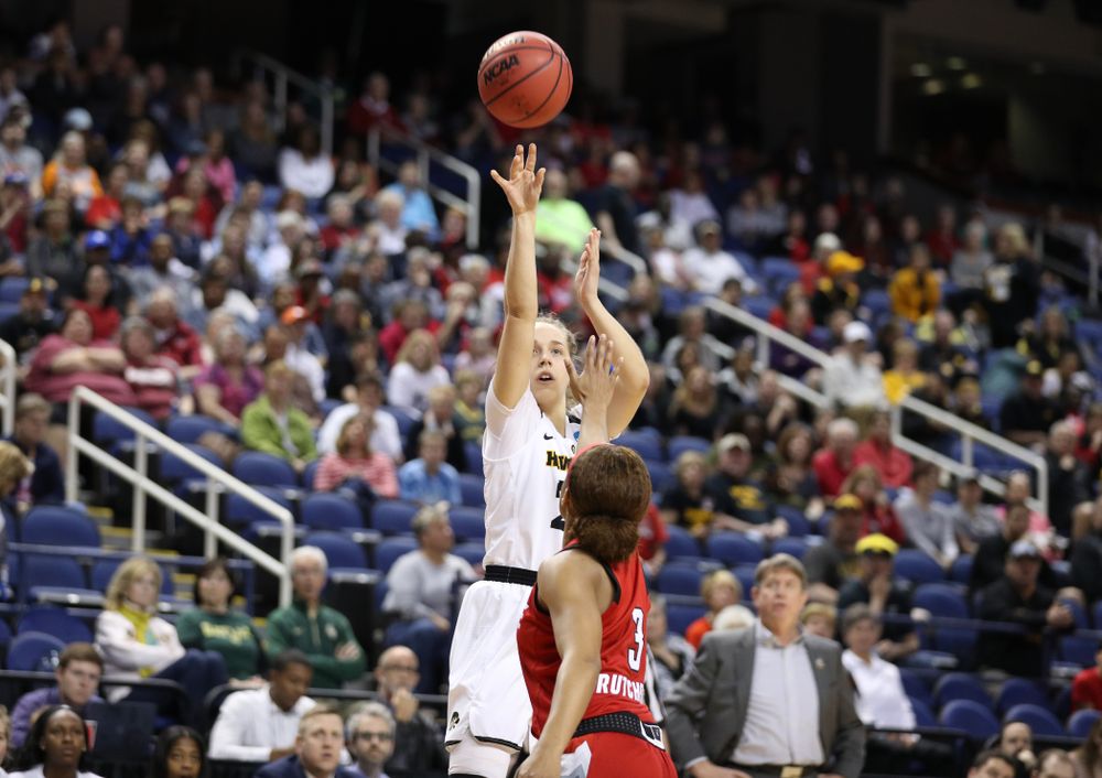 Iowa Hawkeyes guard Kathleen Doyle (22) against the NC State Wolfpack in the regional semi-final of the 2019 NCAA Women's College Basketball Tournament Saturday, March 30, 2019 at Greensboro Coliseum in Greensboro, NC.(Brian Ray/hawkeyesports.com)