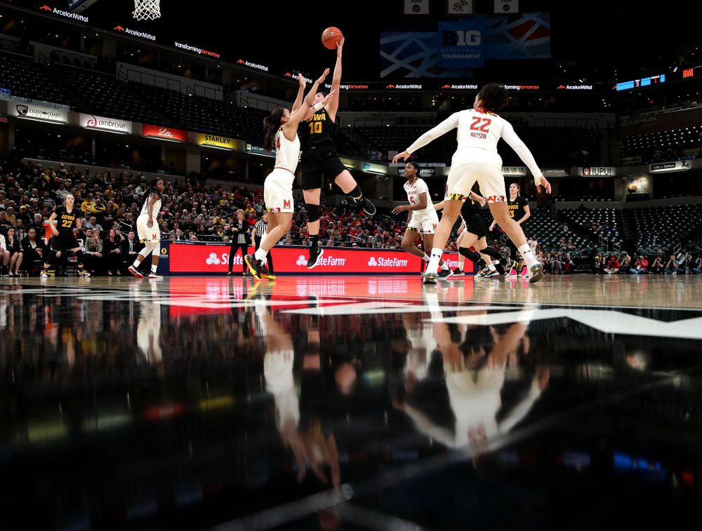 Iowa Hawkeyes forward Megan Gustafson (10) against the Maryland Terrapins in the Big Ten Championship Game Sunday, March 10, 2019 in Indianapolis, Ind. (Brian Ray/hawkeyesports.com)