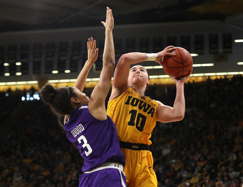 Iowa Hawkeyes forward Megan Gustafson (10) against the Northwestern Wildcats Sunday, March 3, 2019 at Carver-Hawkeye Arena. (Brian Ray/hawkeyesports.com)