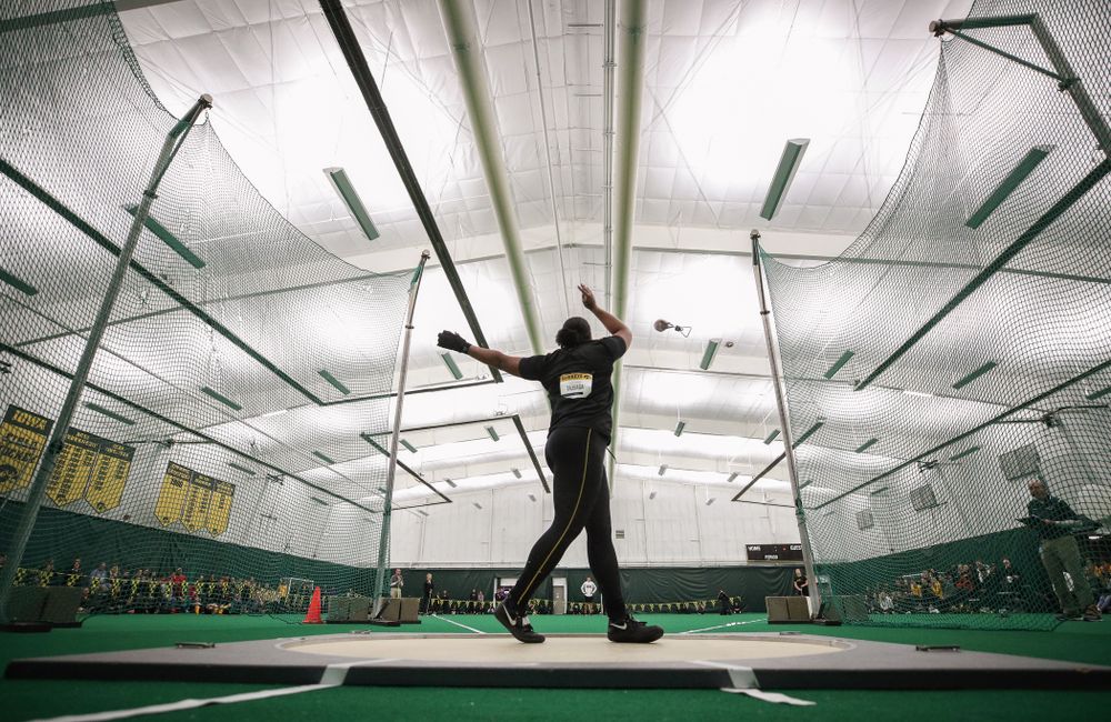 Iowa's Laulauga Tausaga sets a school record in the weight throw Friday, January 11, 2019 at the Hawkeye Tennis and Recreation Center. Tausaga set the new mark with a throw of 20.67m, 67-9 3/4. (Brian Ray/hawkeyesports.com)
