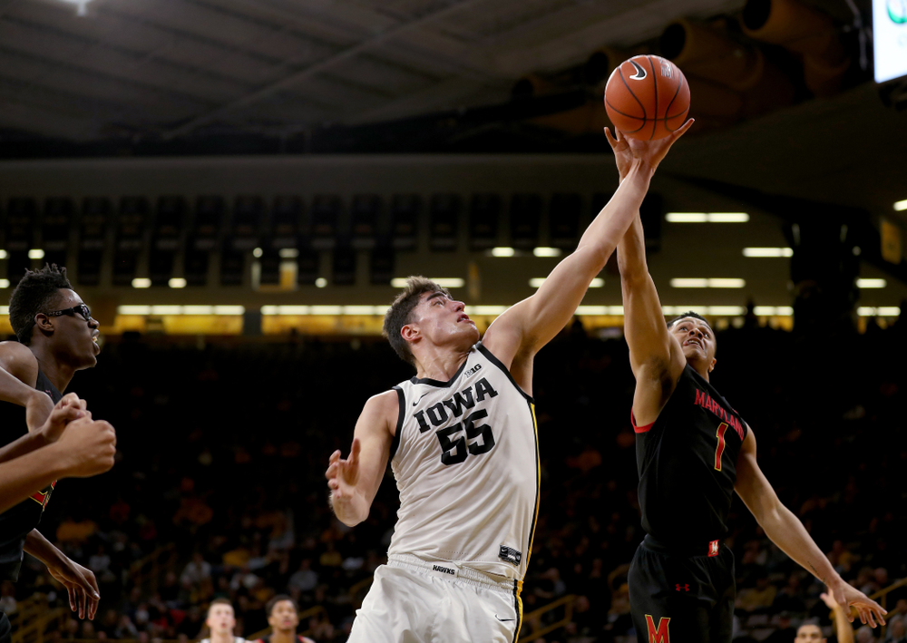 Iowa Hawkeyes forward Luka Garza (55) against the Maryland Terrapins Friday, January 10, 2020 at Carver-Hawkeye Arena. (Brian Ray/hawkeyesports.com)