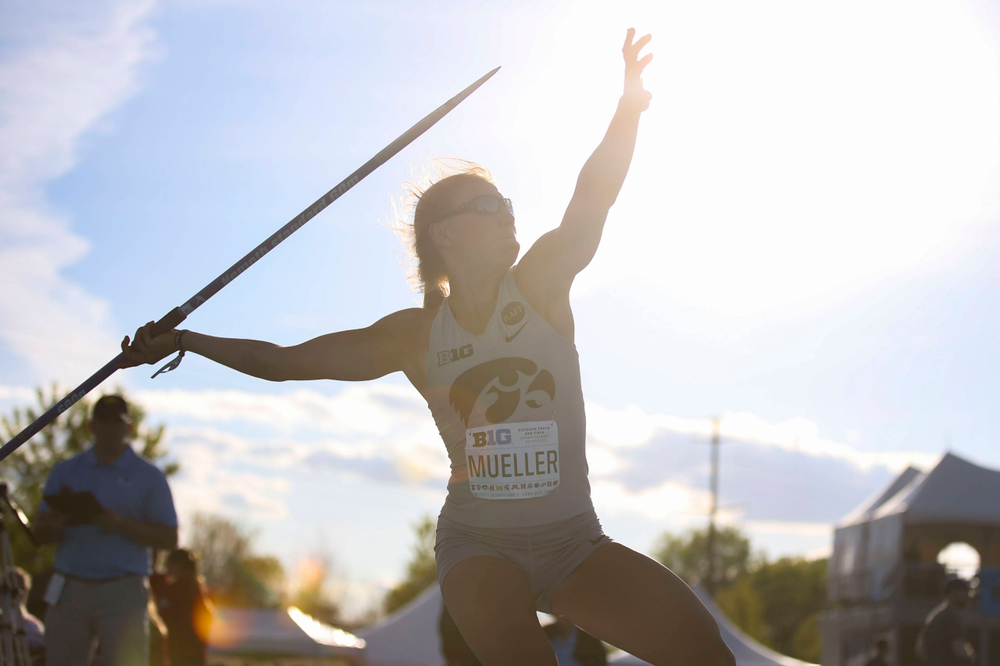 Iowa's Marissa Mueller throws during the women's javelin throw at the Big Ten Outdoor Track and Field Championships at Francis X. Cretzmeyer Track on Friday, May 10, 2019. (Lily Smith/hawkeyesports.com)