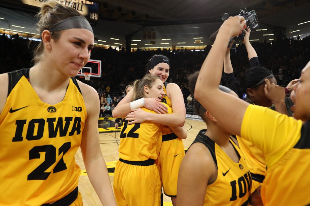 Iowa Hawkeyes forward Megan Gustafson (10) and guard Kathleen Doyle (22) during senior day ceremonies following their game against the Northwestern Wildcats Sunday, March 3, 2019 at Carver-Hawkeye Arena. (Brian Ray/hawkeyesports.com)