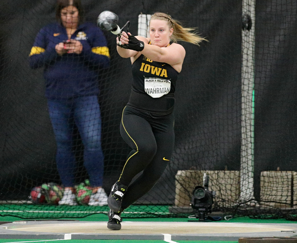 Iowa’s Allison Wahrman throws during the women’s weight throw event at the Hawkeye Tennis and Recreation Complex in Iowa City on Friday, January 31, 2020. (Stephen Mally/hawkeyesports.com)