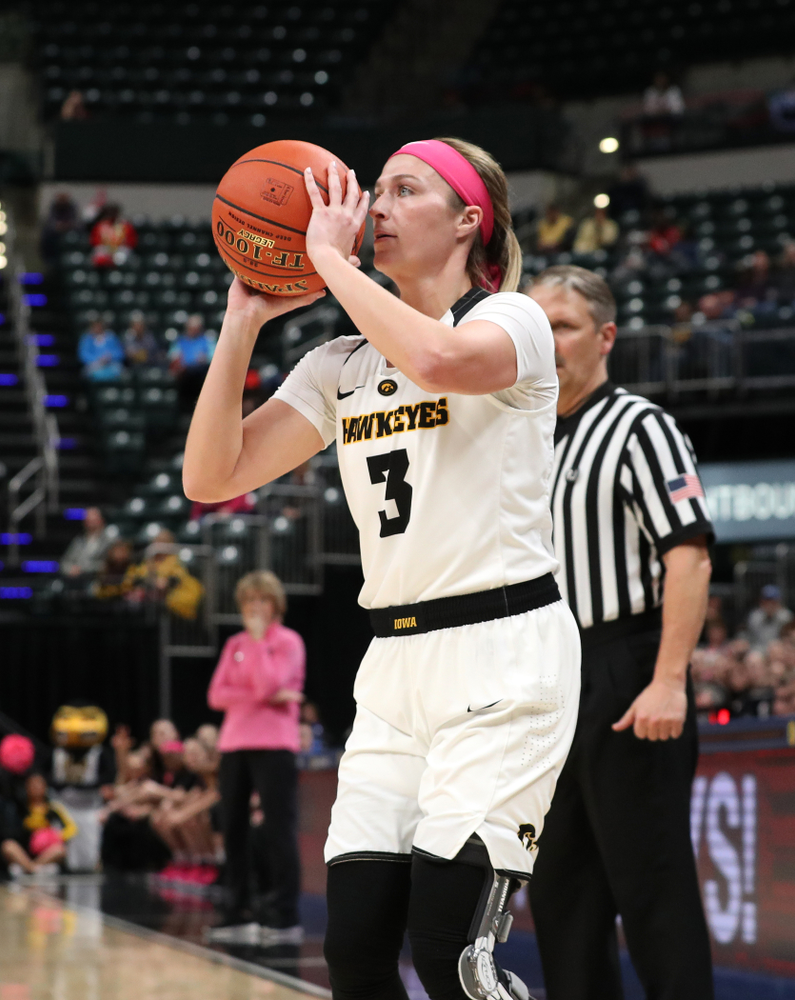 Iowa Hawkeyes guard Makenzie Meyer (3) against the Rutgers Scarlet Knights in the semi-finals of the Big Ten Tournament Saturday, March 9, 2019 at Bankers Life Fieldhouse in Indianapolis, Ind. (Brian Ray/hawkeyesports.com)