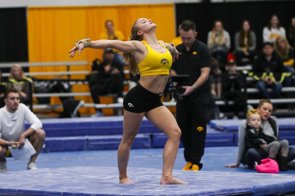 Lauren Guerin performs a floor routine during the Iowa women’s gymnastics Black and Gold Intraquad Meet on Saturday, December 7, 2019 at the UI Field House. (Lily Smith/hawkeyesports.com)