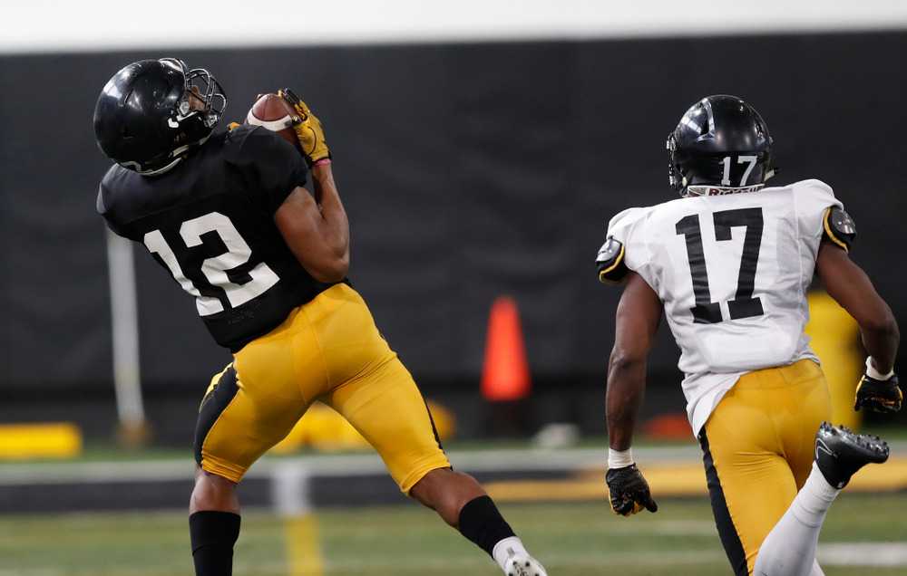 Iowa Hawkeyes wide receiver Brandon Smith (12) during spring practice Thursday, March 29, 2018 at the Hansen Football Performance Center. (Brian Ray/hawkeyesports.com)