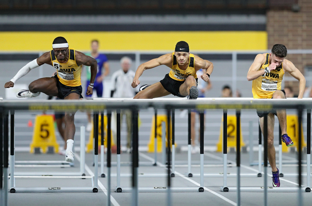 Iowa’s Jaylan McConico (from left), Jamal Britt, and Josh Braverman run the men’s 60 meter hurdles premier event during the Larry Wieczorek Invitational at the Recreation Building in Iowa City on Saturday, January 18, 2020. (Stephen Mally/hawkeyesports.com)