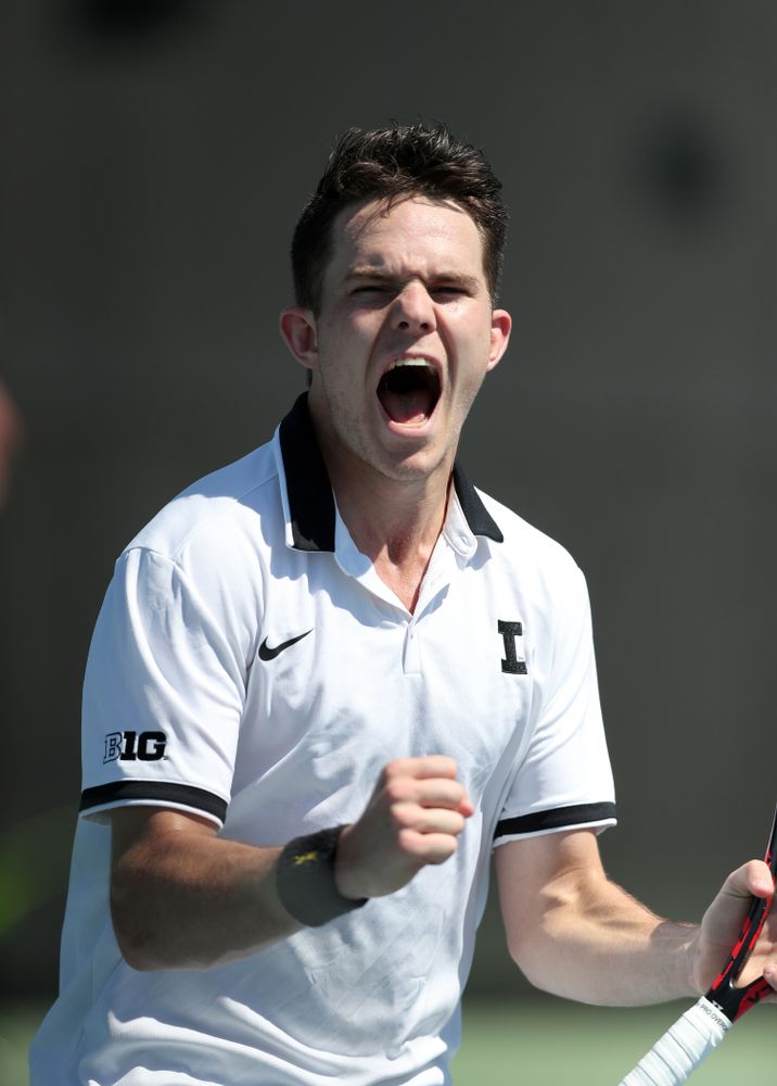 IowaÕs Kareem Allaf and Jonas Larsen play a doubles match against the Michigan Wolverines Sunday, April 21, 2019 at the Hawkeye Tennis and Recreation Complex. (Brian Ray/hawkeyesports.com)