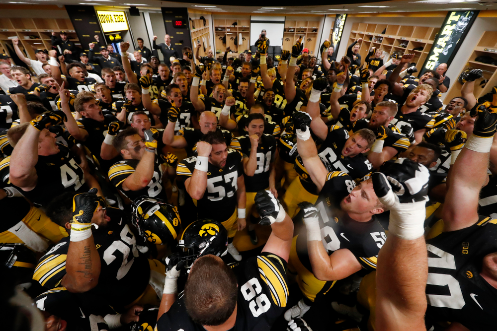 The Iowa Hawkeyes sing the Fight Song following their game against the Iowa State Cyclones Saturday, September 8, 2018 at Kinnick Stadium. (Brian Ray/hawkeyesports.com)